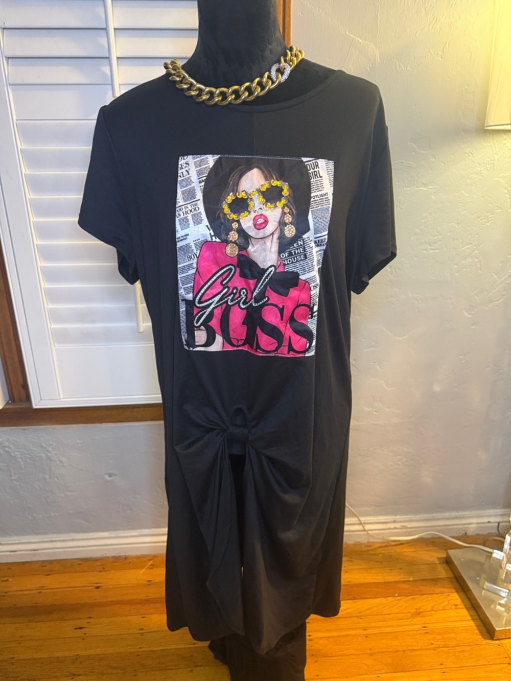 Black Graphic 'Girl Boss' Knot Front Tee Dress